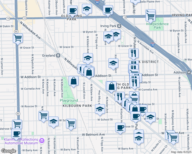 map of restaurants, bars, coffee shops, grocery stores, and more near 4247 West Addison Street in Chicago