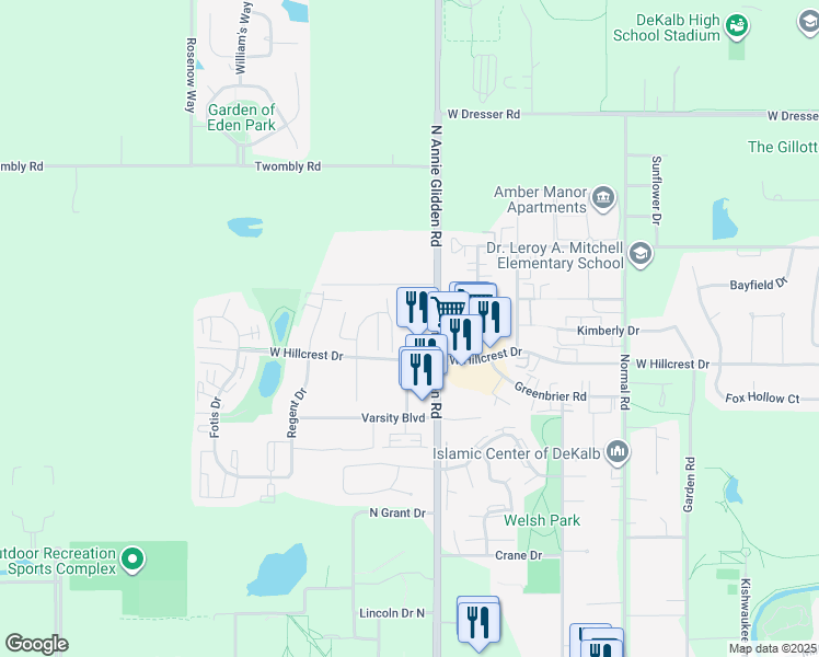 map of restaurants, bars, coffee shops, grocery stores, and more near 1121 West Hillcrest Drive in DeKalb