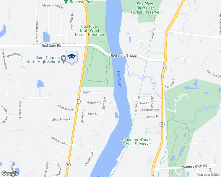 map of restaurants, bars, coffee shops, grocery stores, and more near 5N297 Bluff Drive South in St. Charles