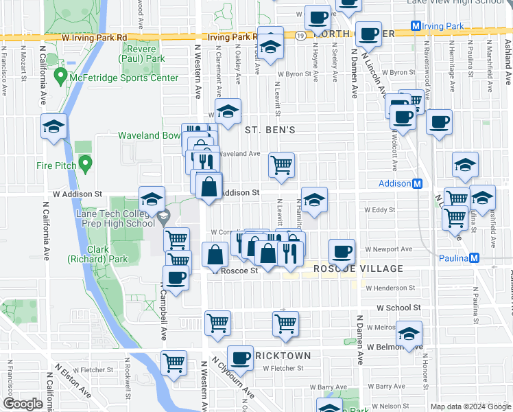 map of restaurants, bars, coffee shops, grocery stores, and more near 3540 North Bell Avenue in Chicago
