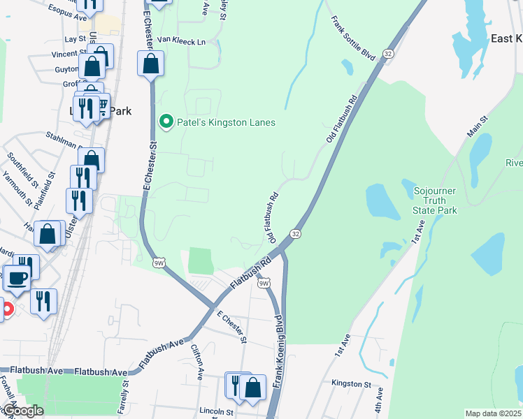 map of restaurants, bars, coffee shops, grocery stores, and more near 133 Old Flatbush Road in Kingston
