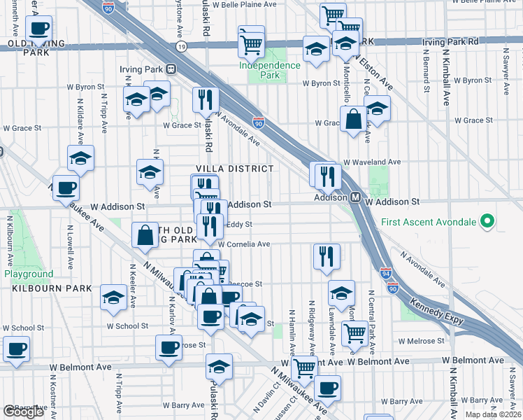 map of restaurants, bars, coffee shops, grocery stores, and more near 3853 West Addison Street in Chicago