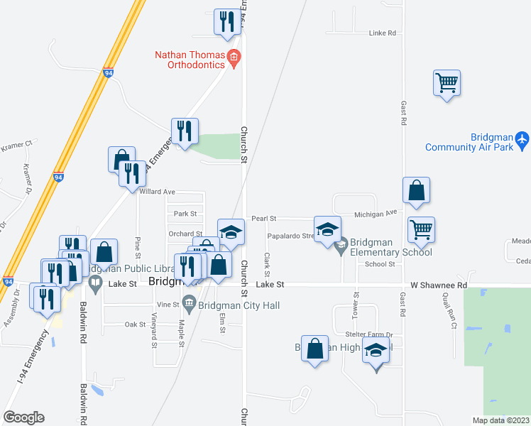 map of restaurants, bars, coffee shops, grocery stores, and more near 4047 Pearl Street in Bridgman
