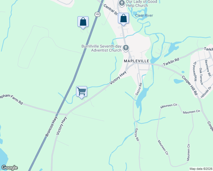 map of restaurants, bars, coffee shops, grocery stores, and more near 660 Victory Highway in Burrillville