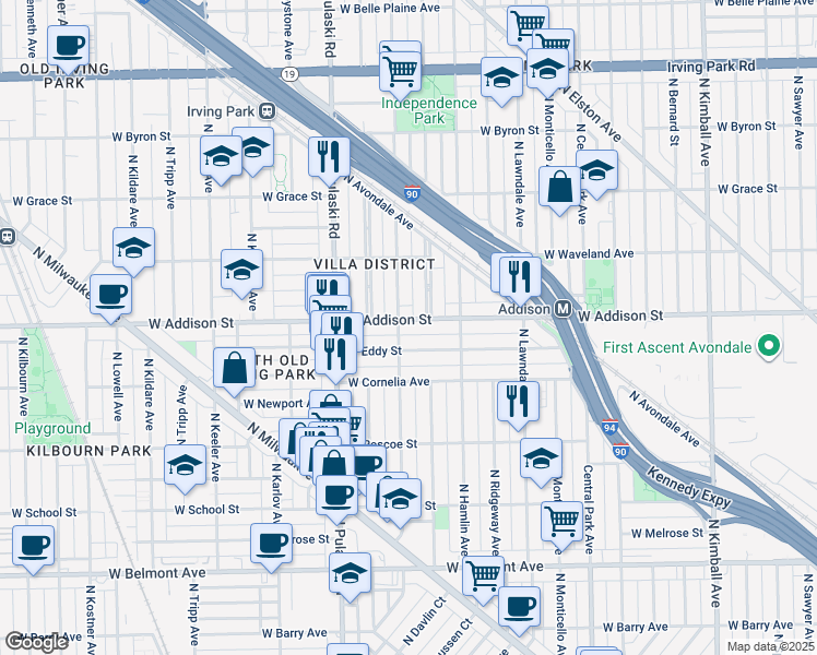 map of restaurants, bars, coffee shops, grocery stores, and more near 3853 West Addison Street in Chicago