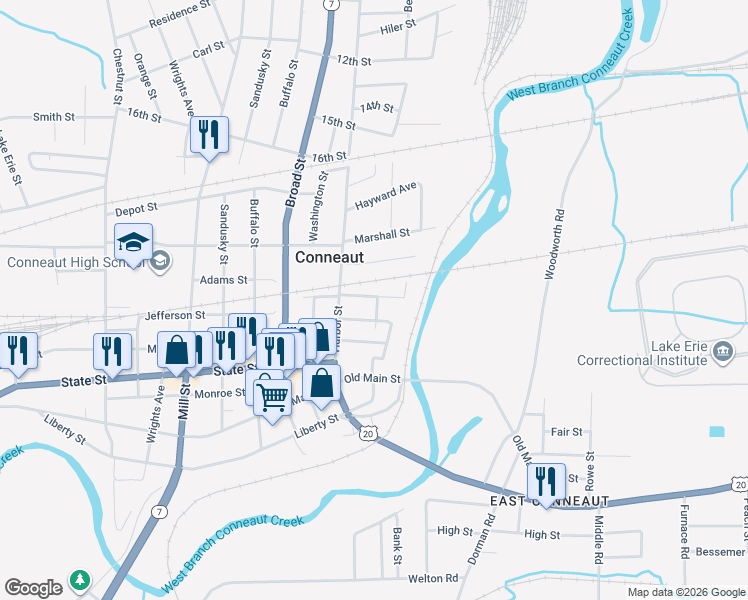 map of restaurants, bars, coffee shops, grocery stores, and more near 179 Nickle Plate Avenue in Conneaut