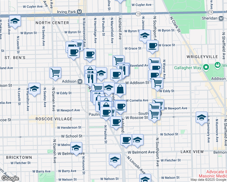 map of restaurants, bars, coffee shops, grocery stores, and more near 3524 North Marshfield Avenue in Chicago