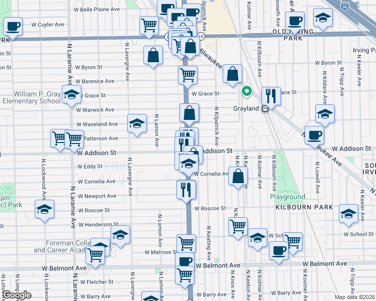 map of restaurants, bars, coffee shops, grocery stores, and more near 3609 North Cicero Avenue in Chicago