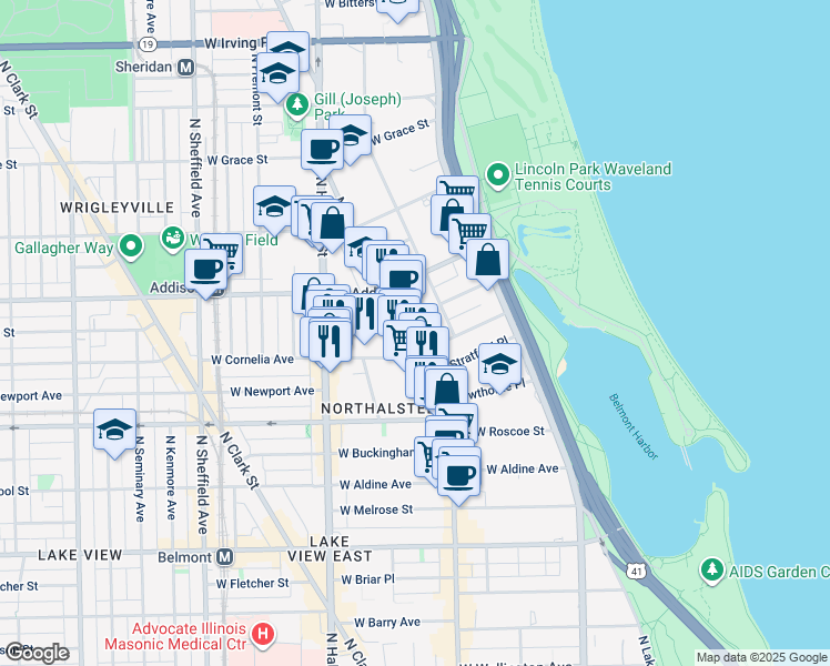 map of restaurants, bars, coffee shops, grocery stores, and more near 660 West Cornelia Avenue in Chicago