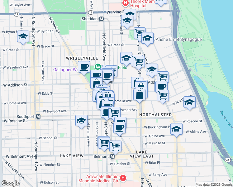 map of restaurants, bars, coffee shops, grocery stores, and more near 3519 North Wilton Avenue in Chicago