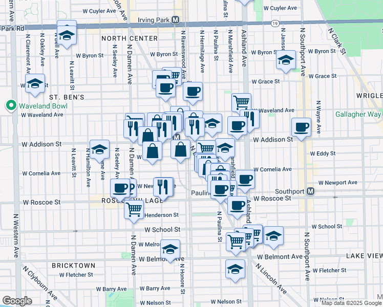 map of restaurants, bars, coffee shops, grocery stores, and more near 3538 North Lincoln Avenue in Chicago
