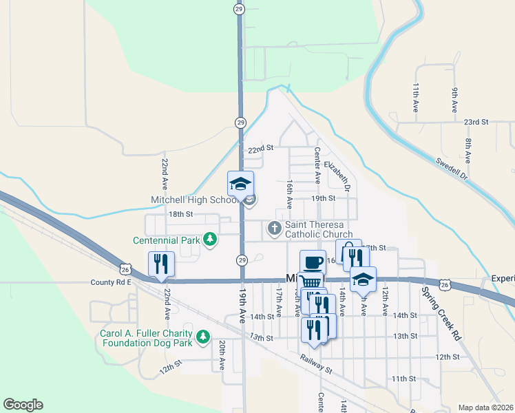 map of restaurants, bars, coffee shops, grocery stores, and more near 1739 18th Street in Mitchell