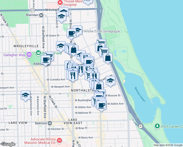 map of restaurants, bars, coffee shops, grocery stores, and more near 660 West Cornelia Avenue in Chicago