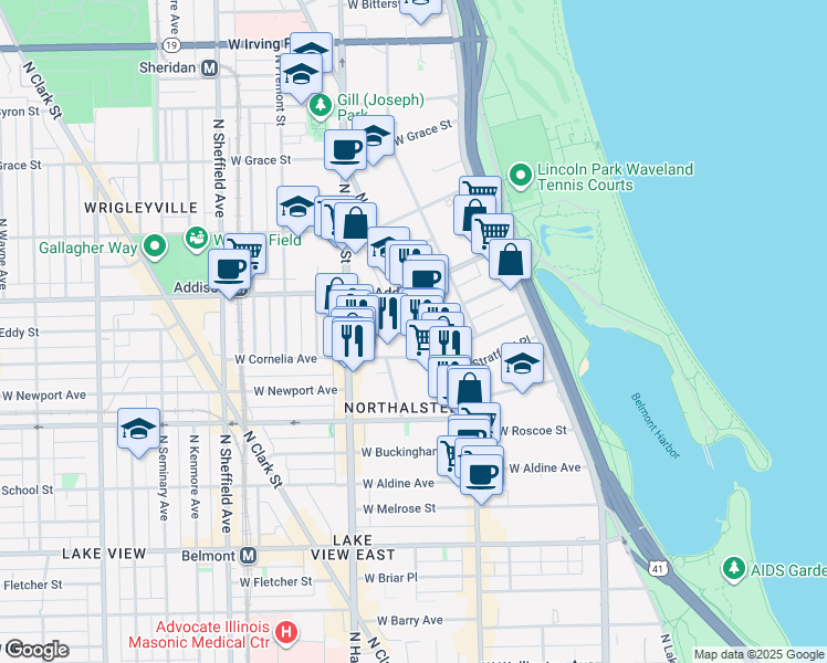 map of restaurants, bars, coffee shops, grocery stores, and more near 660 West Cornelia Avenue in Chicago