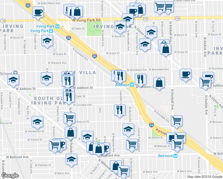 map of restaurants, bars, coffee shops, grocery stores, and more near 3736 West Eddy Street in Chicago
