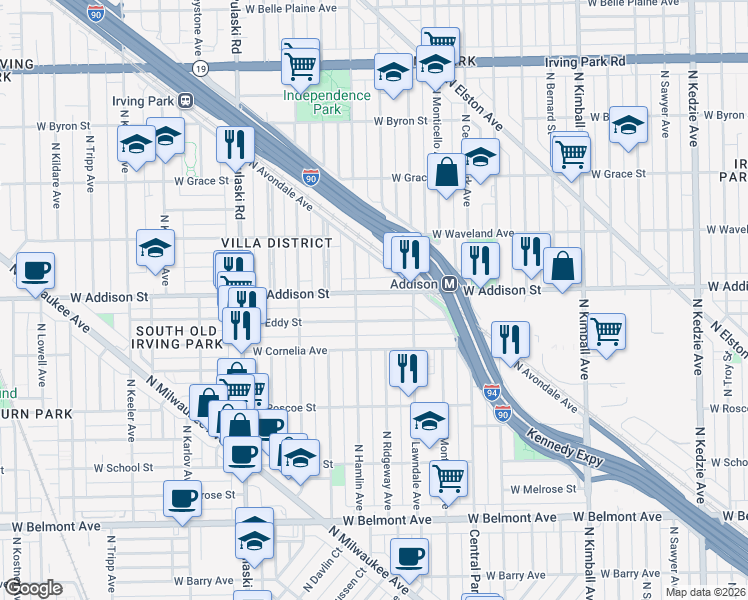 map of restaurants, bars, coffee shops, grocery stores, and more near 3736 West Eddy Street in Chicago
