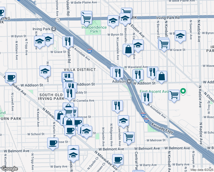 map of restaurants, bars, coffee shops, grocery stores, and more near 3736 West Eddy Street in Chicago
