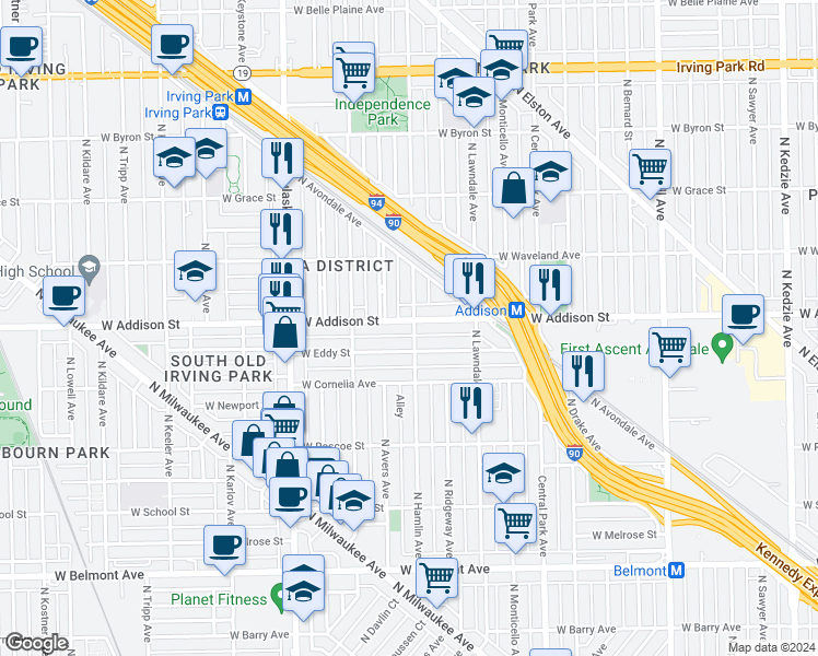 map of restaurants, bars, coffee shops, grocery stores, and more near in Chicago
