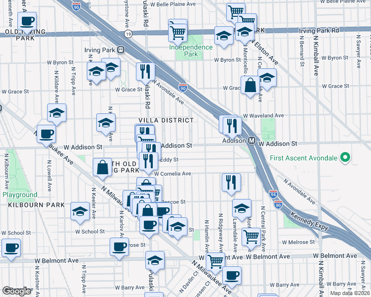 map of restaurants, bars, coffee shops, grocery stores, and more near 3853 West Addison Street in Chicago