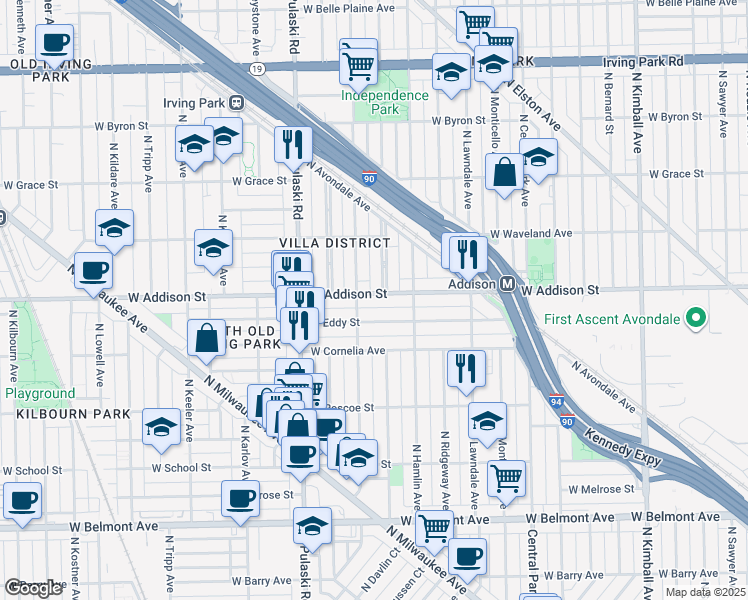 map of restaurants, bars, coffee shops, grocery stores, and more near 3843 West Addison Street in Chicago