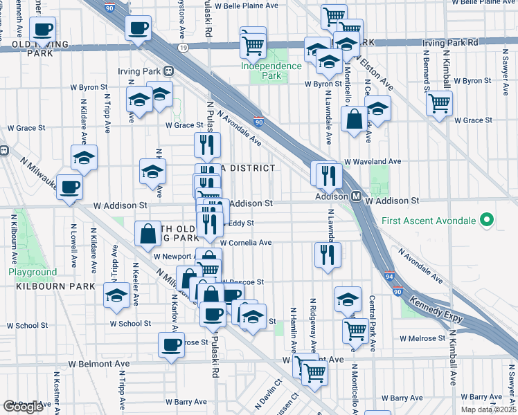 map of restaurants, bars, coffee shops, grocery stores, and more near 3853 West Addison Street in Chicago