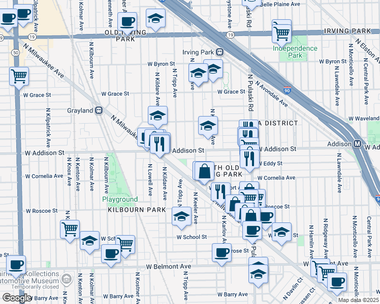 map of restaurants, bars, coffee shops, grocery stores, and more near 4173 West Addison Street in Chicago