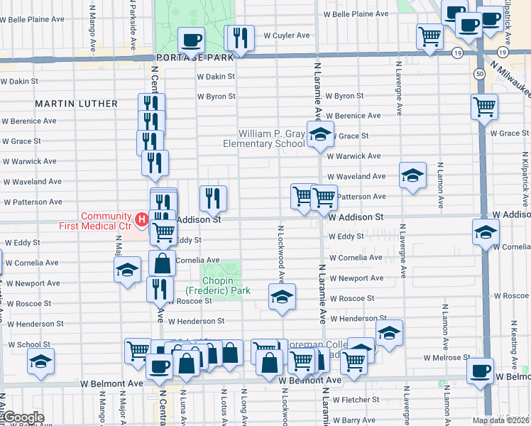 map of restaurants, bars, coffee shops, grocery stores, and more near 5324 West Addison Street in Chicago
