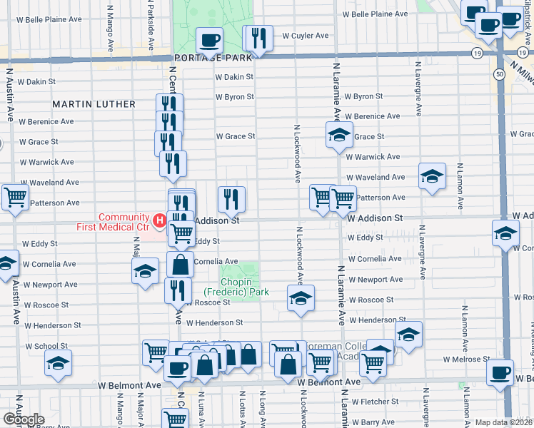 map of restaurants, bars, coffee shops, grocery stores, and more near 5400 West Addison Street in Chicago
