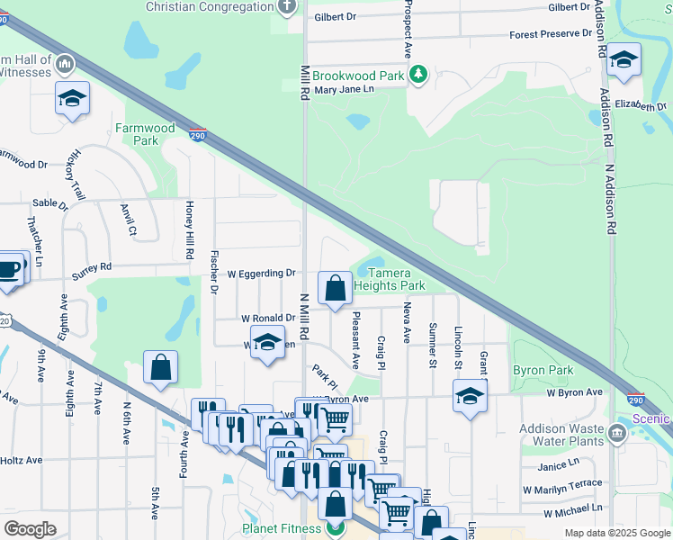map of restaurants, bars, coffee shops, grocery stores, and more near 540 West Eggerding Drive in Addison
