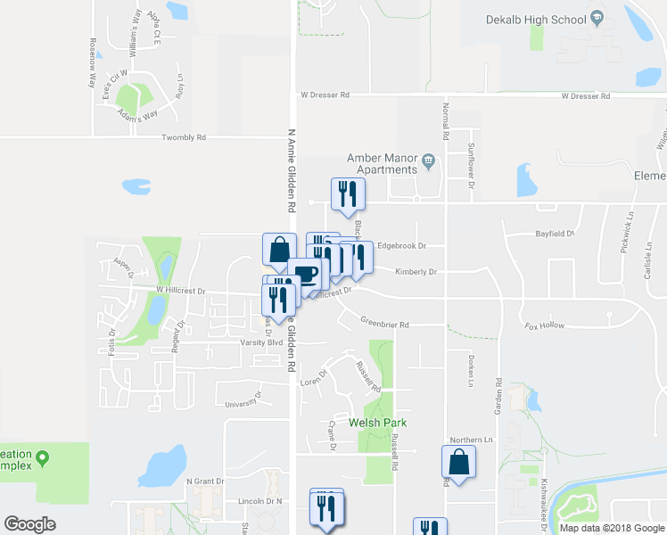 map of restaurants, bars, coffee shops, grocery stores, and more near 1014 Arcadia Drive in DeKalb