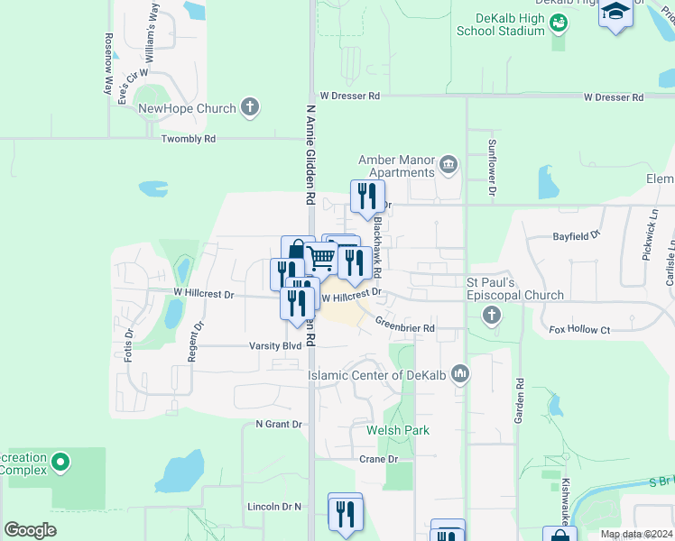 map of restaurants, bars, coffee shops, grocery stores, and more near 1011 West Hillcrest Drive in DeKalb