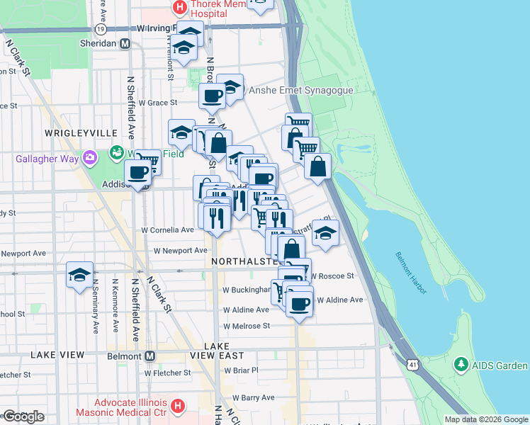 map of restaurants, bars, coffee shops, grocery stores, and more near 3519 North Broadway in Chicago