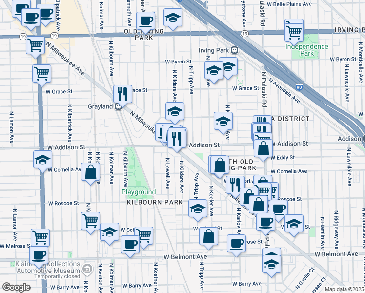 map of restaurants, bars, coffee shops, grocery stores, and more near 4261 West Addison Street in Chicago