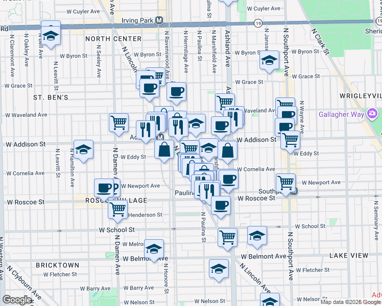 map of restaurants, bars, coffee shops, grocery stores, and more near 3537 North Hermitage Avenue in Chicago