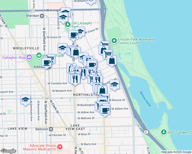 map of restaurants, bars, coffee shops, grocery stores, and more near 660 West Cornelia Avenue in Chicago