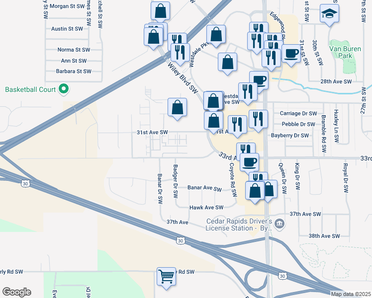 map of restaurants, bars, coffee shops, grocery stores, and more near 4000 33rd Avenue Southwest in Cedar Rapids