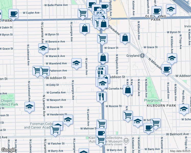 map of restaurants, bars, coffee shops, grocery stores, and more near 4824 West Addison Street in Chicago