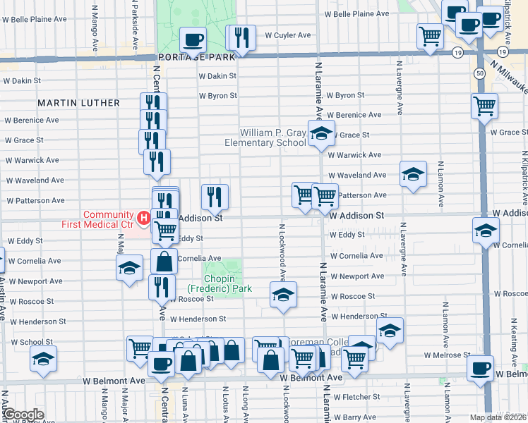 map of restaurants, bars, coffee shops, grocery stores, and more near 5324 West Addison Street in Chicago