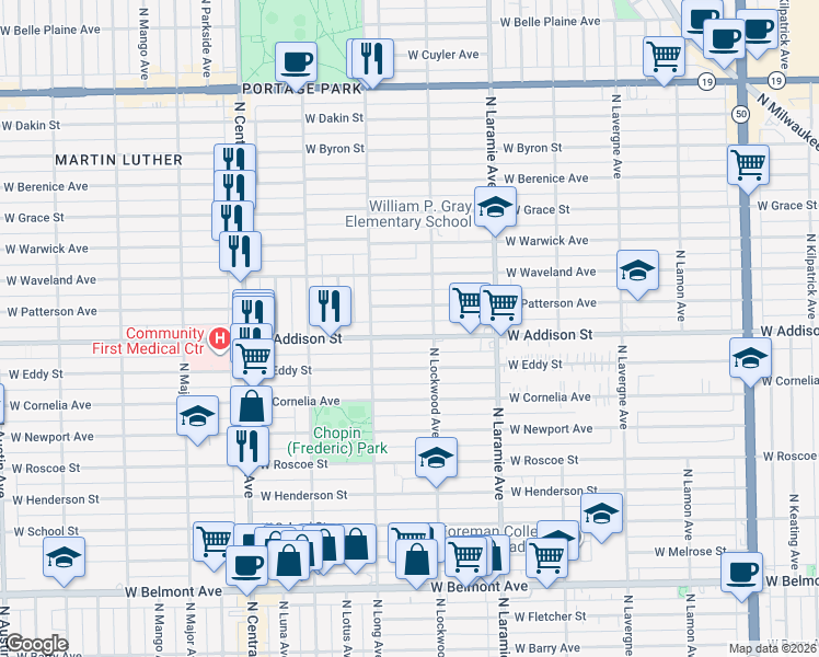 map of restaurants, bars, coffee shops, grocery stores, and more near 5324 West Addison Street in Chicago