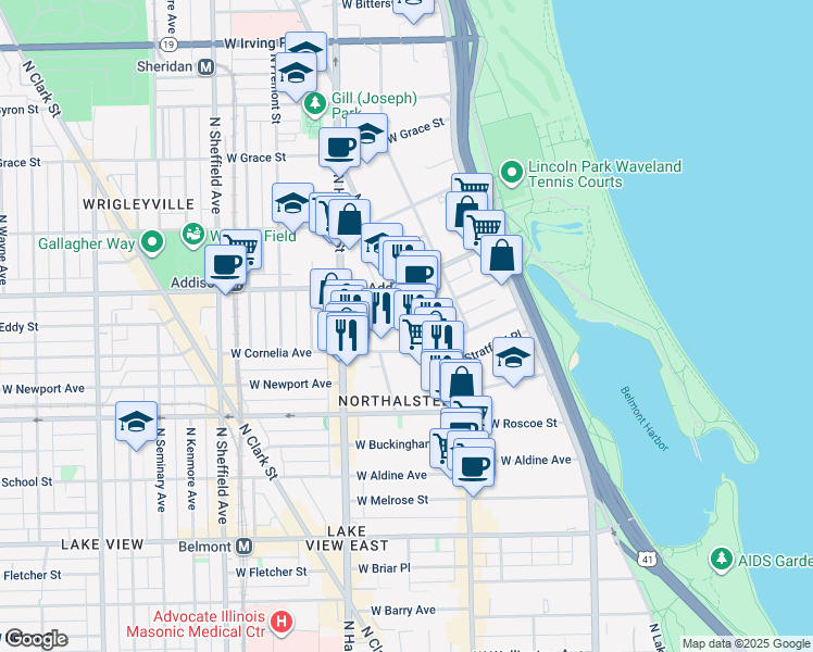 map of restaurants, bars, coffee shops, grocery stores, and more near 705 West Brompton Avenue in Chicago