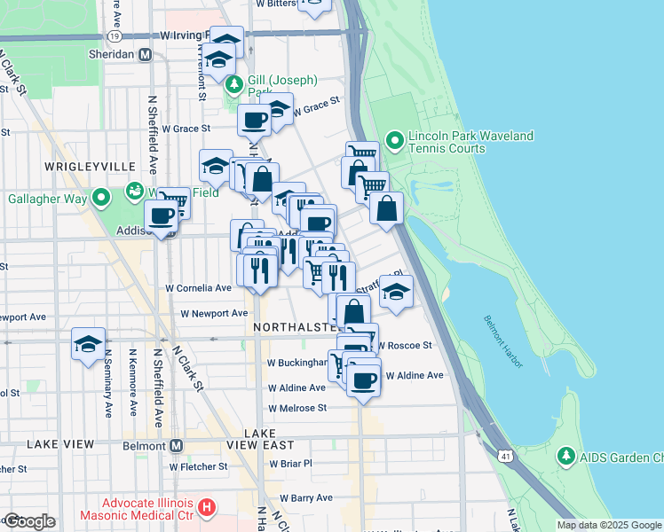map of restaurants, bars, coffee shops, grocery stores, and more near 626 West Cornelia Avenue in Chicago