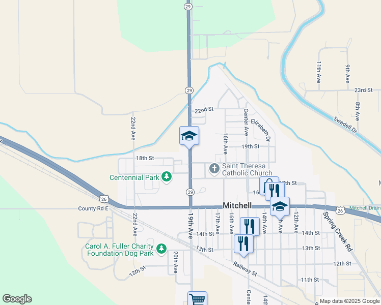 map of restaurants, bars, coffee shops, grocery stores, and more near 1819 19th Avenue in Mitchell