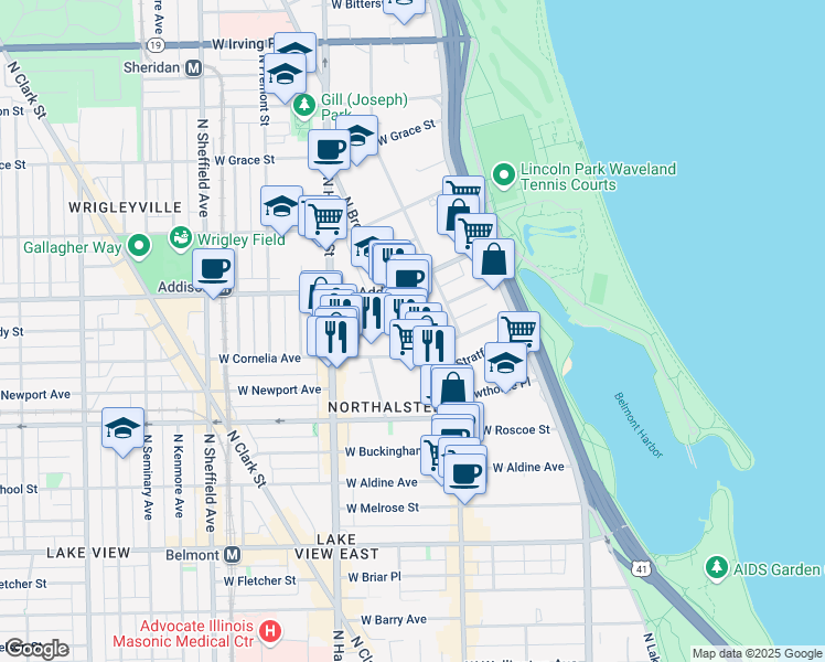 map of restaurants, bars, coffee shops, grocery stores, and more near 3521 North Broadway in Chicago