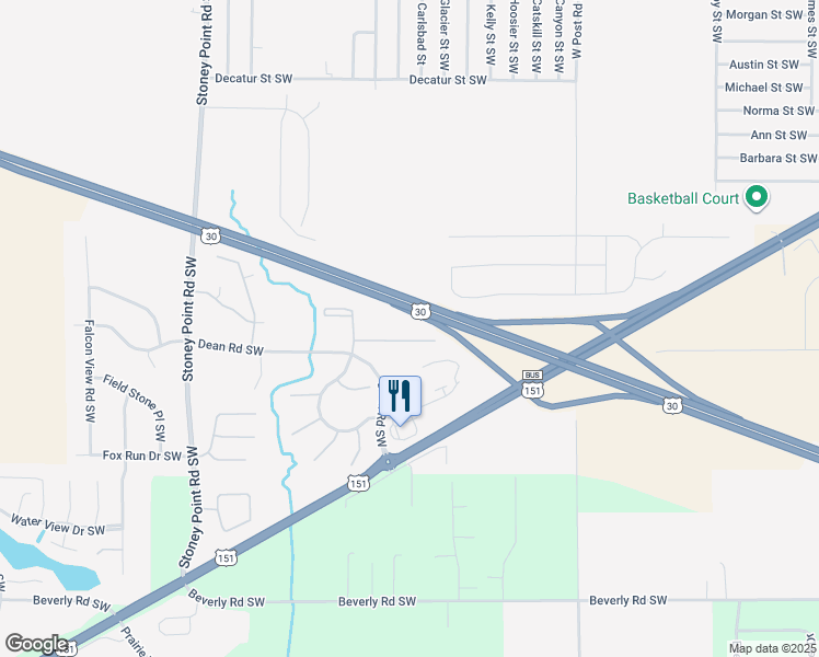 map of restaurants, bars, coffee shops, grocery stores, and more near 5910 Dean Road Southwest in Cedar Rapids