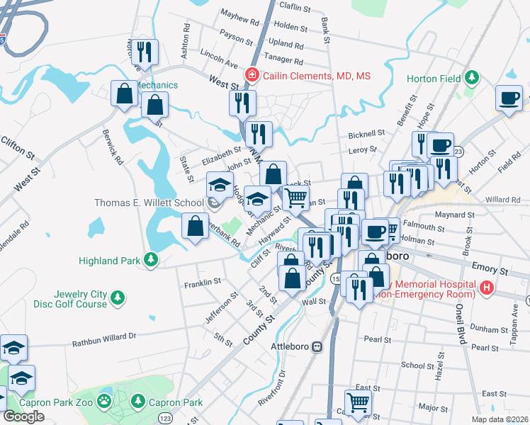 map of restaurants, bars, coffee shops, grocery stores, and more near 15 Mechanic Street in Attleboro
