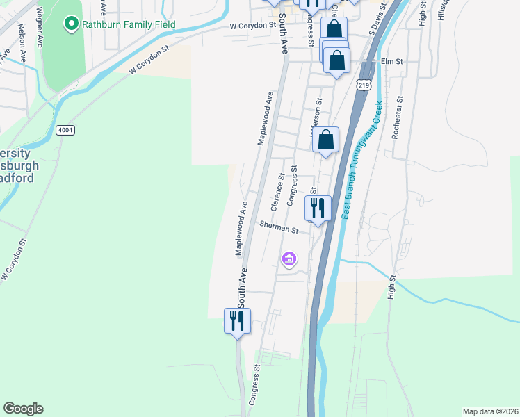 map of restaurants, bars, coffee shops, grocery stores, and more near 275-299 State Route 4007 in Bradford