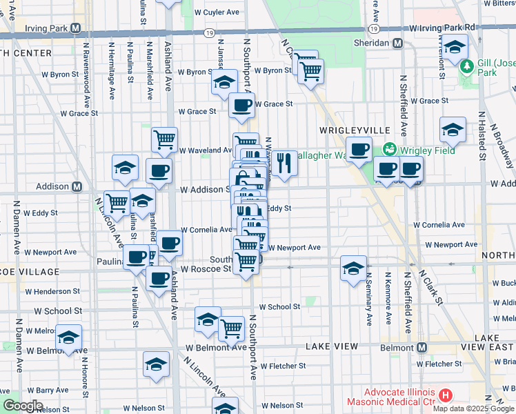 map of restaurants, bars, coffee shops, grocery stores, and more near 1342 West Eddy Street in Chicago