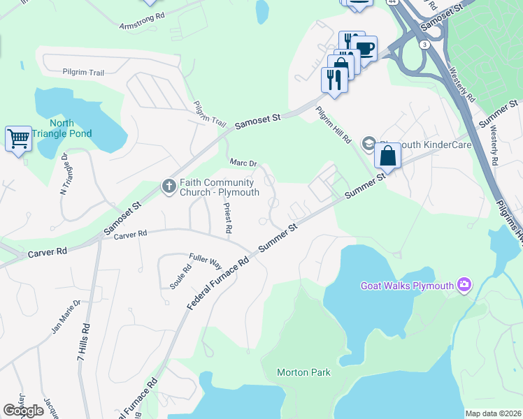 map of restaurants, bars, coffee shops, grocery stores, and more near 2 Marc Drive in Plymouth