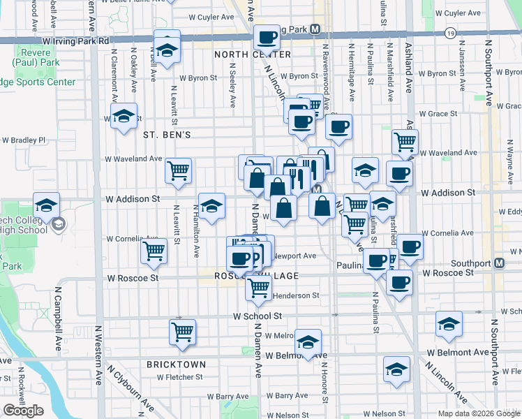 map of restaurants, bars, coffee shops, grocery stores, and more near 1942 West Eddy Street in Chicago