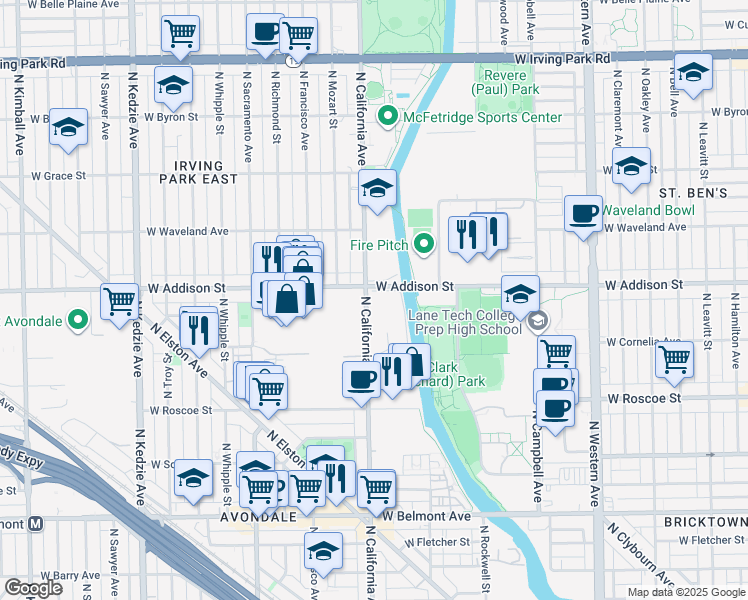 map of restaurants, bars, coffee shops, grocery stores, and more near 3500 North California Avenue in Chicago